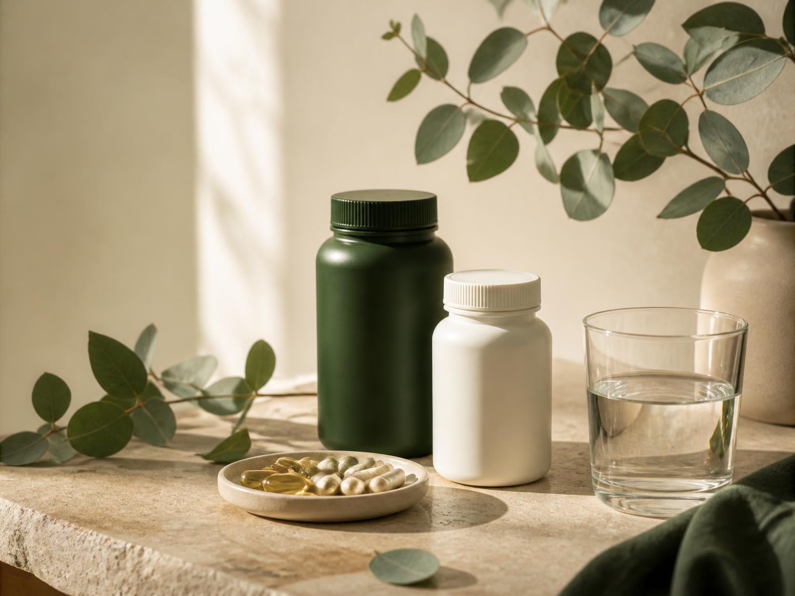 Unbranded supplement bottles and a glass of water on a stone surface in morning light